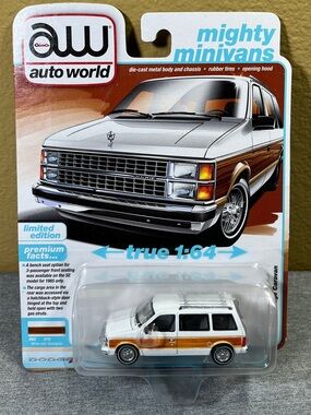 AUTO WORLD 1985 Dodge Caravan White w/ Woodgrain 1:64 Diecast Mighty Minivans
